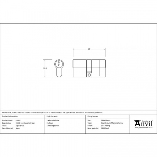 Aged Brass 30/30 5pin Euro Cylinder